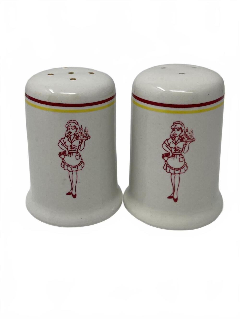 Vintage Diner Waitress Salt & Pepper Shakers Ceramic Red Yellow Trim retro